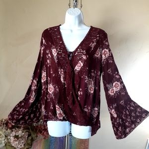 Altar’d State Boho Lace Trim Faux Wrap Top with Tassles